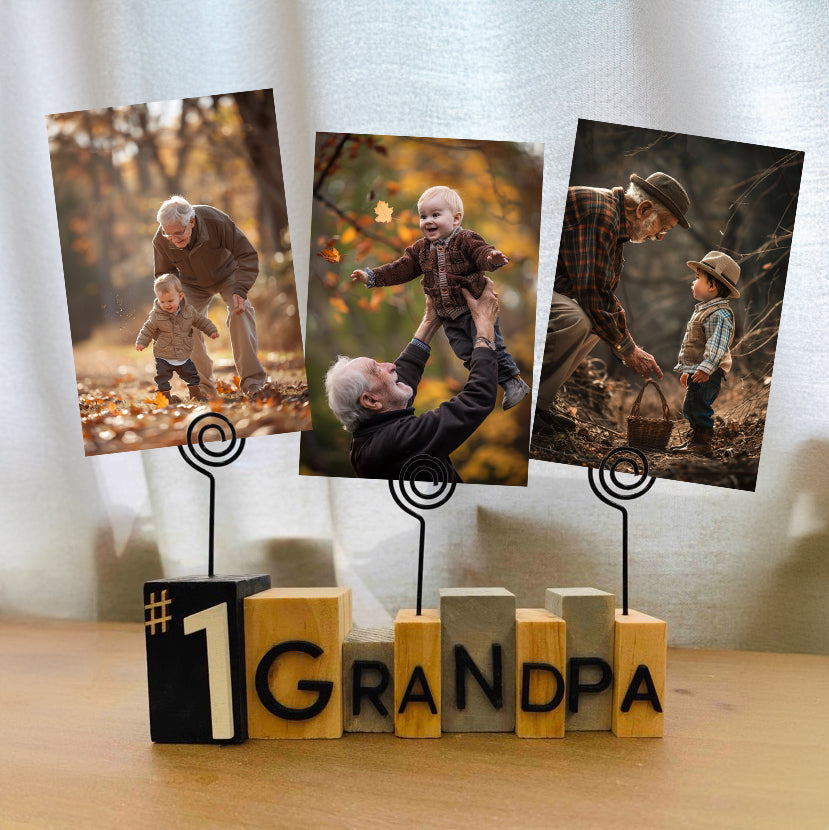 No. 1 Grandpa Wood Photo Frame Holder with Swirl Wire 3.75inch H, Place Card Hoder,Table Picture Stand Table Card Holder, Picture Card Paper Note Photo Clip