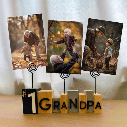 No. 1 Grandpa Wood Photo Frame Holder with Swirl Wire 3.75inch H, Place Card Hoder,Table Picture Stand Table Card Holder, Picture Card Paper Note Photo Clip