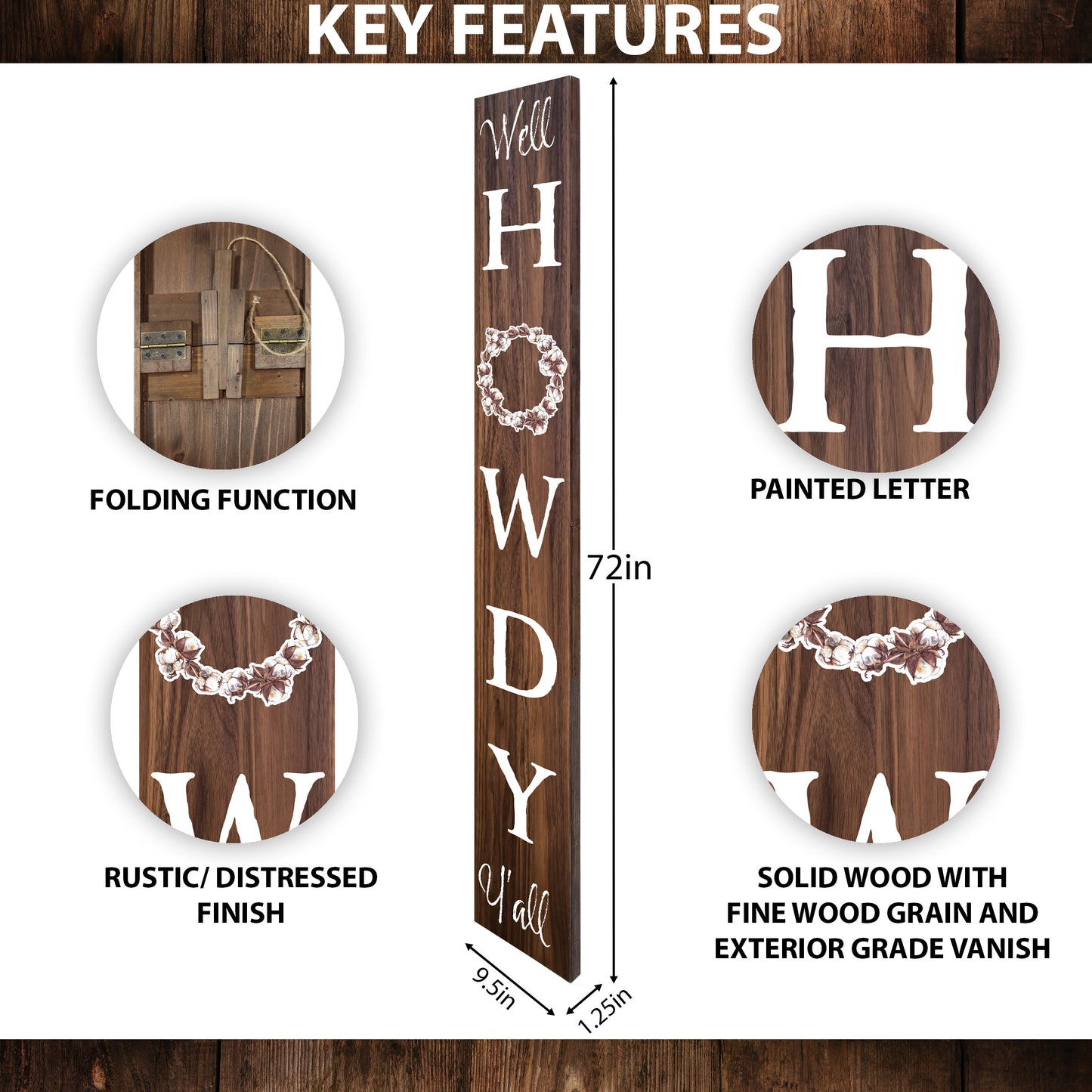 72IN Handcrafted Howdy Wood Sign - Rustic Brown Western Home Decor