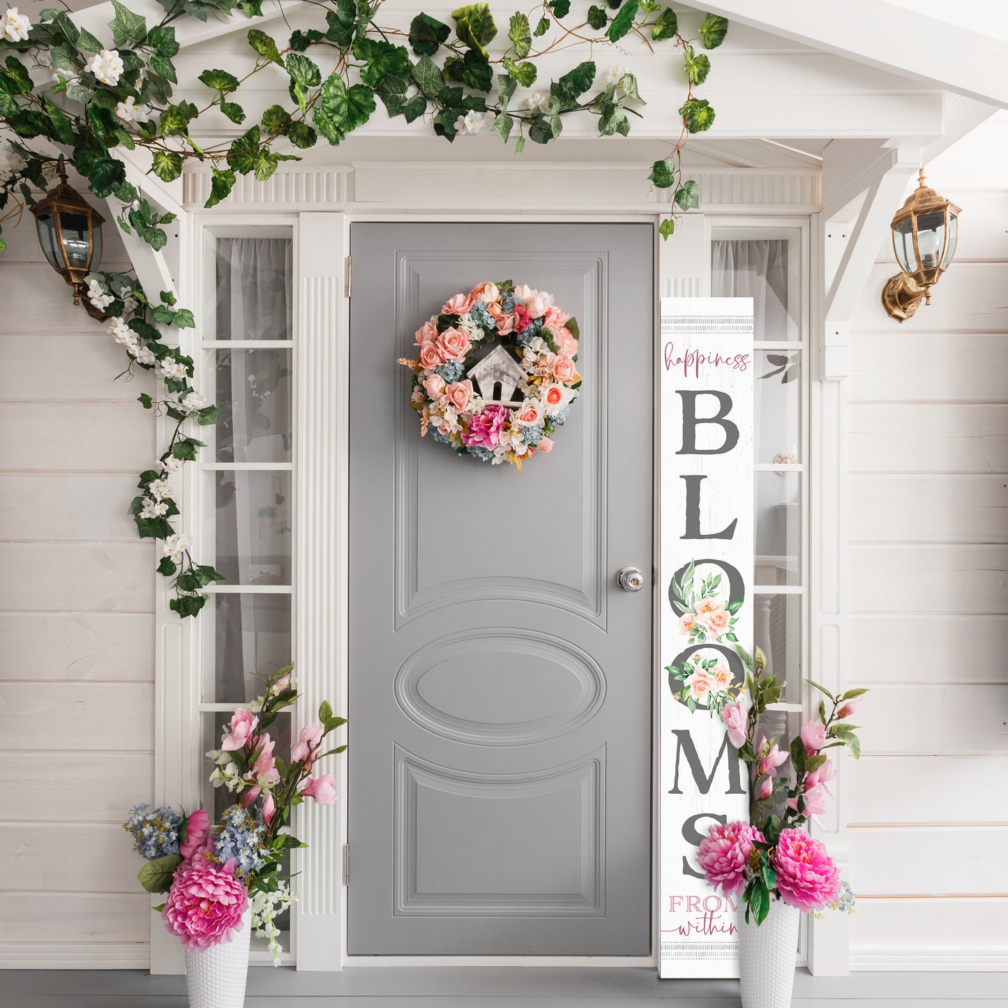 72in Spring Happiness Blooms From Within Outdoor Porch Sign - White, Front Porch Decor, Home Decor Indoor Outdoor Wood Sign