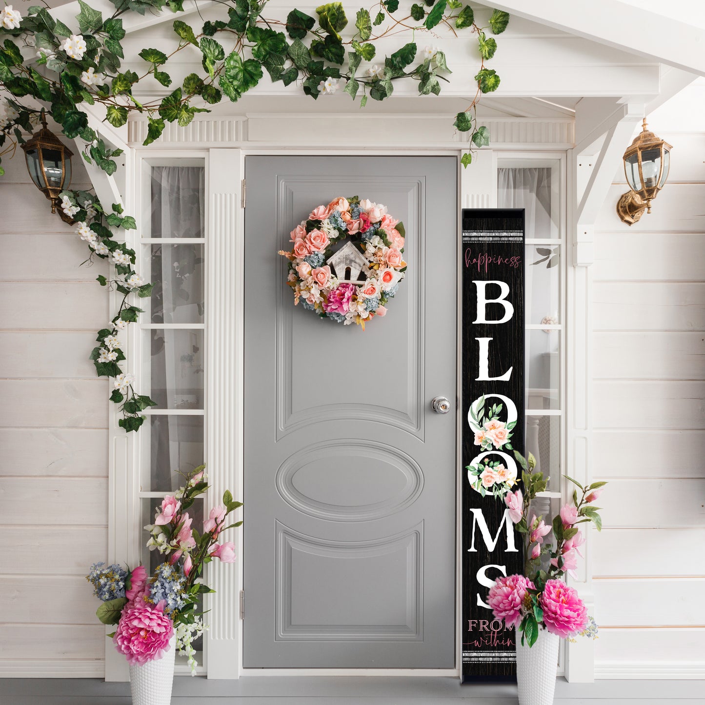 72in Spring Happiness Blooms From Within Outdoor Porch Sign - Black, Front Porch Decor, Home Decor Indoor Outdoor Wood Sign
