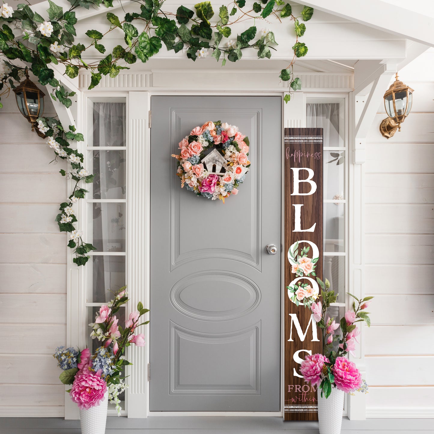 72in Spring Happiness Blooms From Within Outdoor Porch Sign - Brown, Front Porch Decor, Home Decor Indoor Outdoor Wood Sign