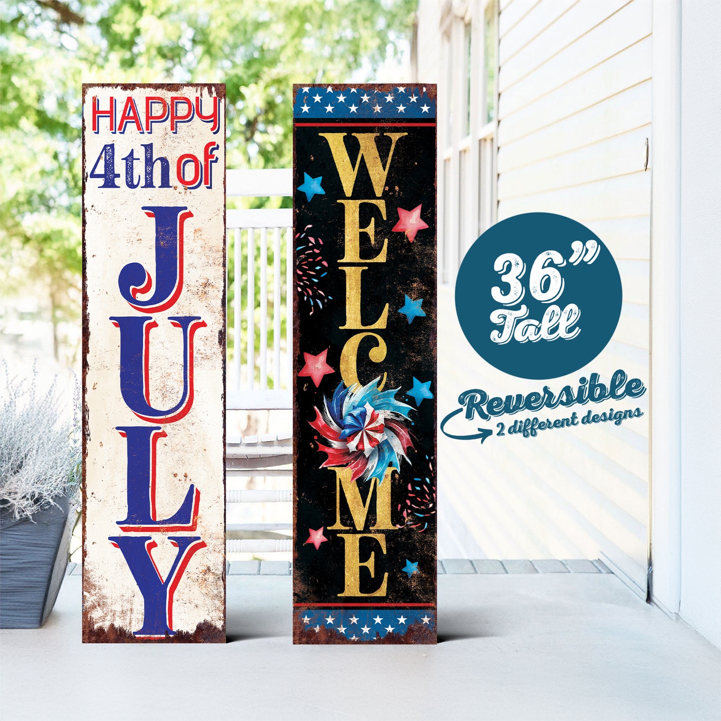 36in 4th of July Porch Sign - Rustic Farmhouse Decor - UV Protected, Reversible - Ideal for Door, Wall, Outdoor Entryway， Fireplace