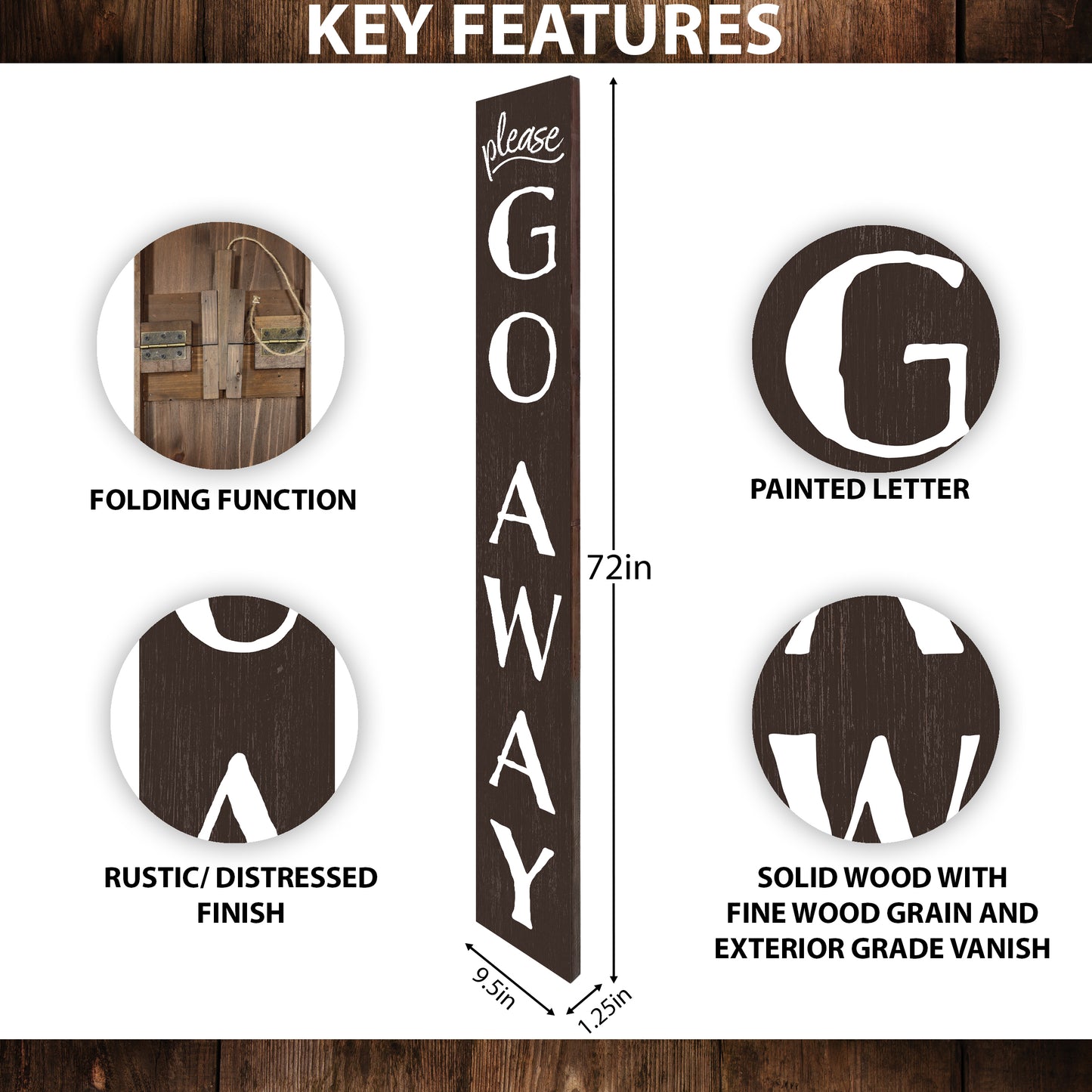 72in Go Away Sign for Porch, Wooden Brown Outdoor Decorations for Home Front Door