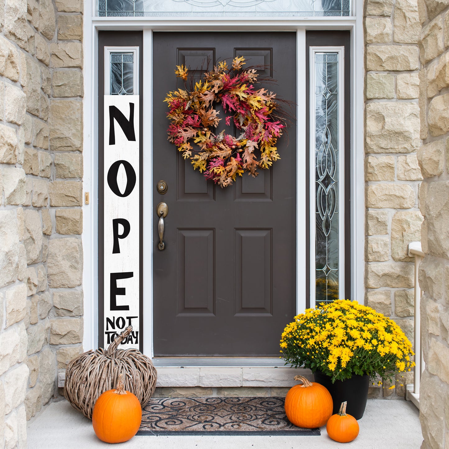 72-Inch Wooden "Nope, Not Today" Porch Sign for Front Door, White Standing Porch Sign with Foldable Design