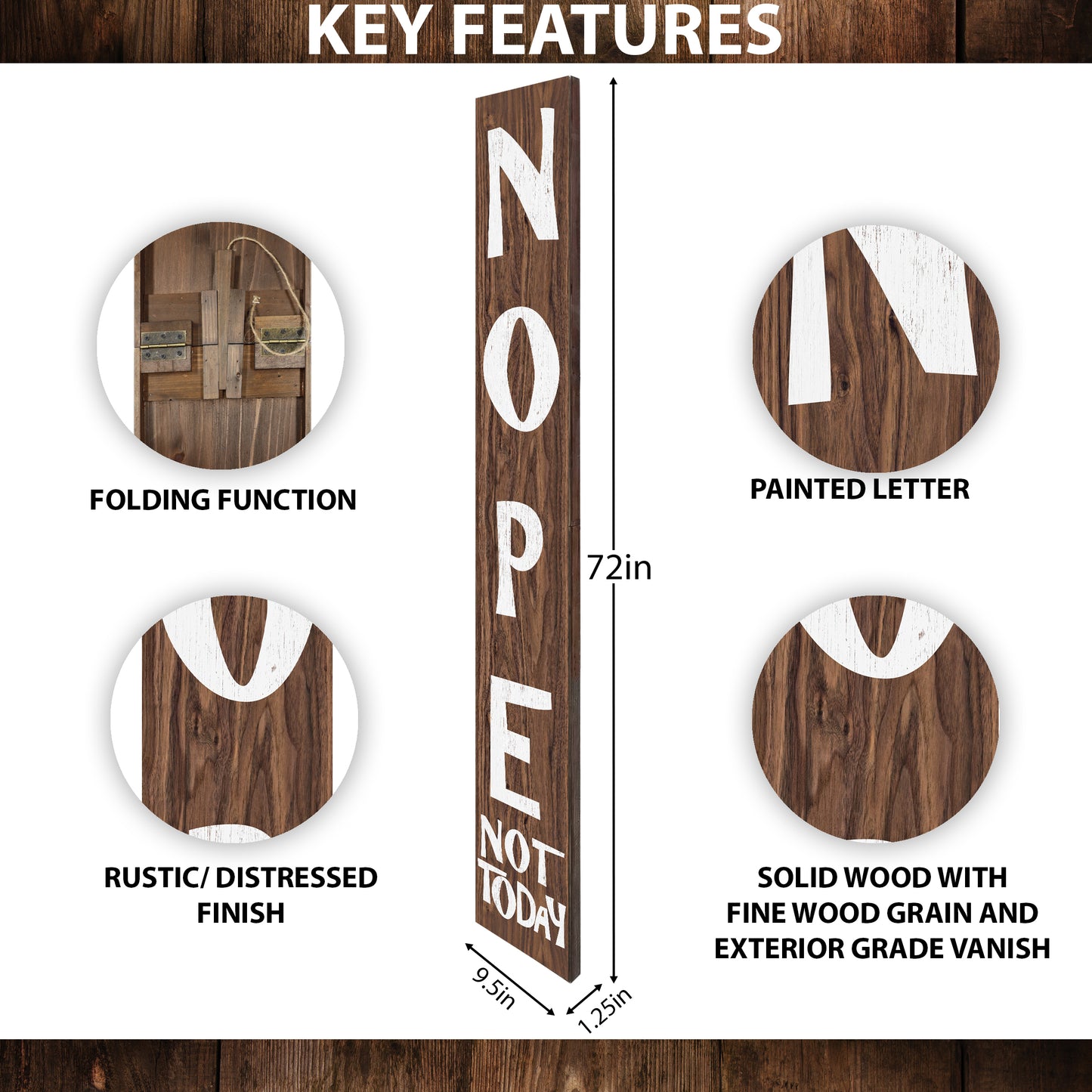 72-Inch Wooden "Nope, Not Today" Porch Sign for Front Door, Brown Standing Porch Sign with Foldable Design