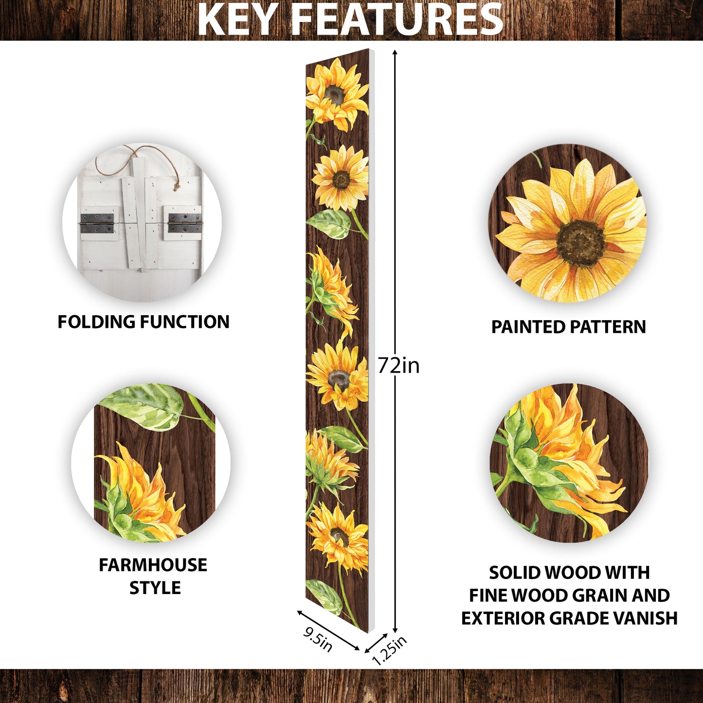 72in Sunflower Porch Sign, Charming Brown Welcome Decor for Front Door, Rustic Vertical Garden Wall Art, Seasonal Home Decoration