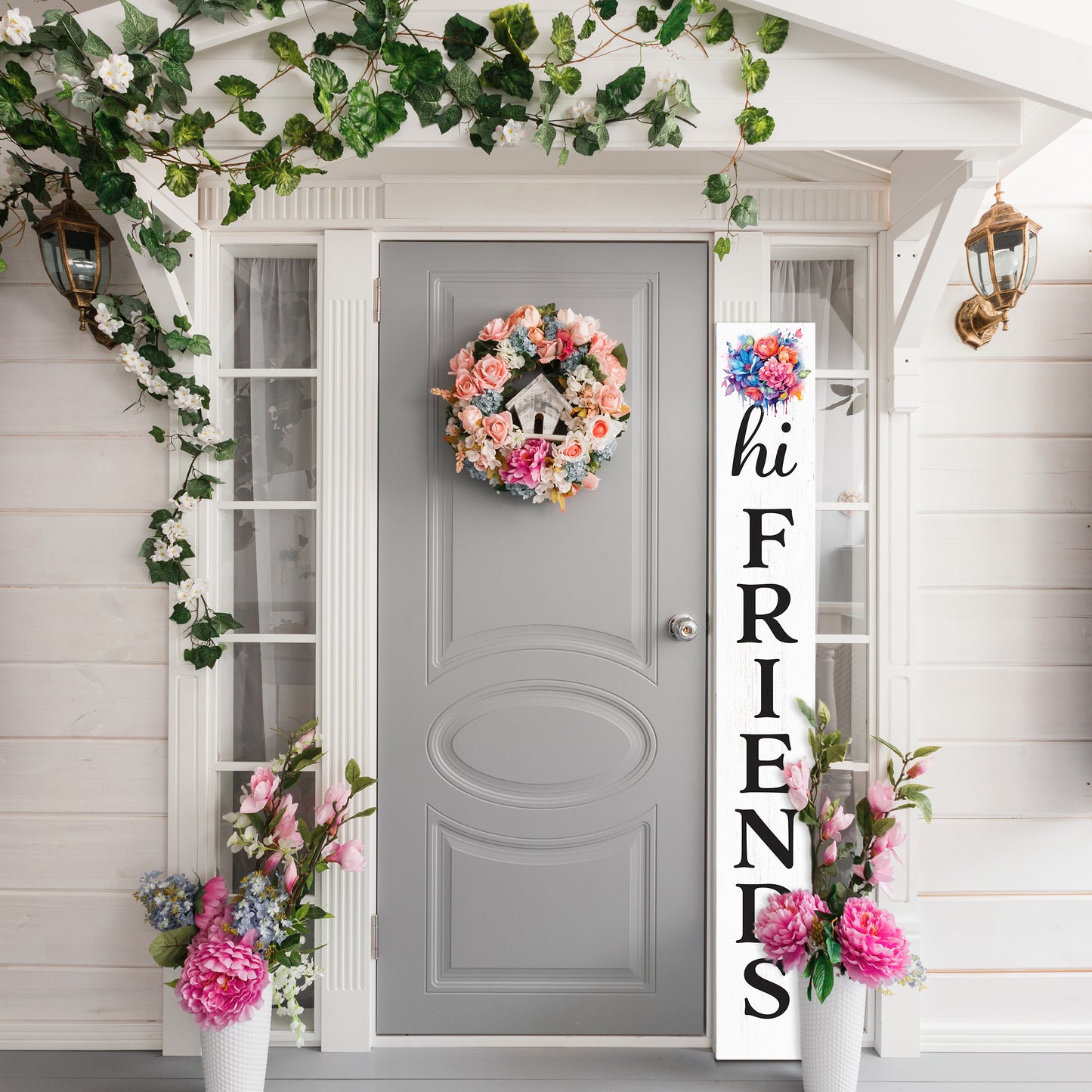 Welcome Your Guests with a Warm Touch: 72in Foldable "Hi Friends" White Porch Sign, Perfect Outdoor Decor for All Seasons