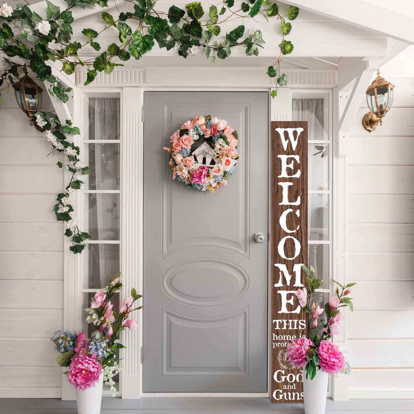 72in 'This Home is Protected by God and Guns' |  Foldable Wooden Front Door & Porch Sign | Bold Home Security Statement | Brown