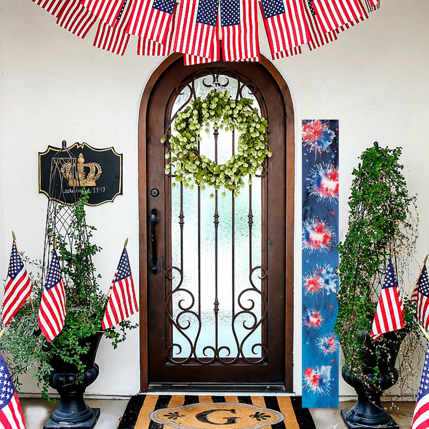 72in Firework Pattern Porch Sign - Patriotic Wooden Porch Decor | 4th of July Decor for Front Door | Independence Day Outdoor Decor