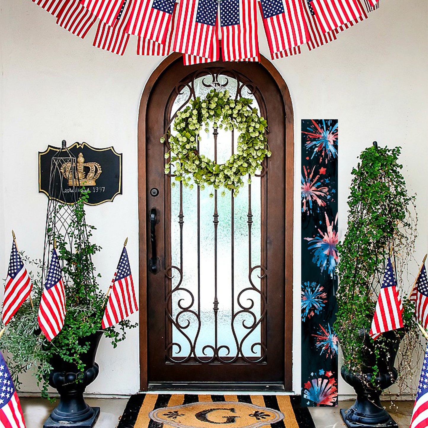 72in Firework Pattern Porch Sign - Patriotic Wooden Porch Decor - 4th of July Decor for Front Door | Independence Day Outdoor Decor