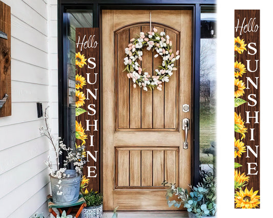 72In Sunflower Hello Sunshine Porch Sign, Charming Brown Welcome Decor For Front Door, Rustic Vertical Garden Art, Seasonal Home Decoration