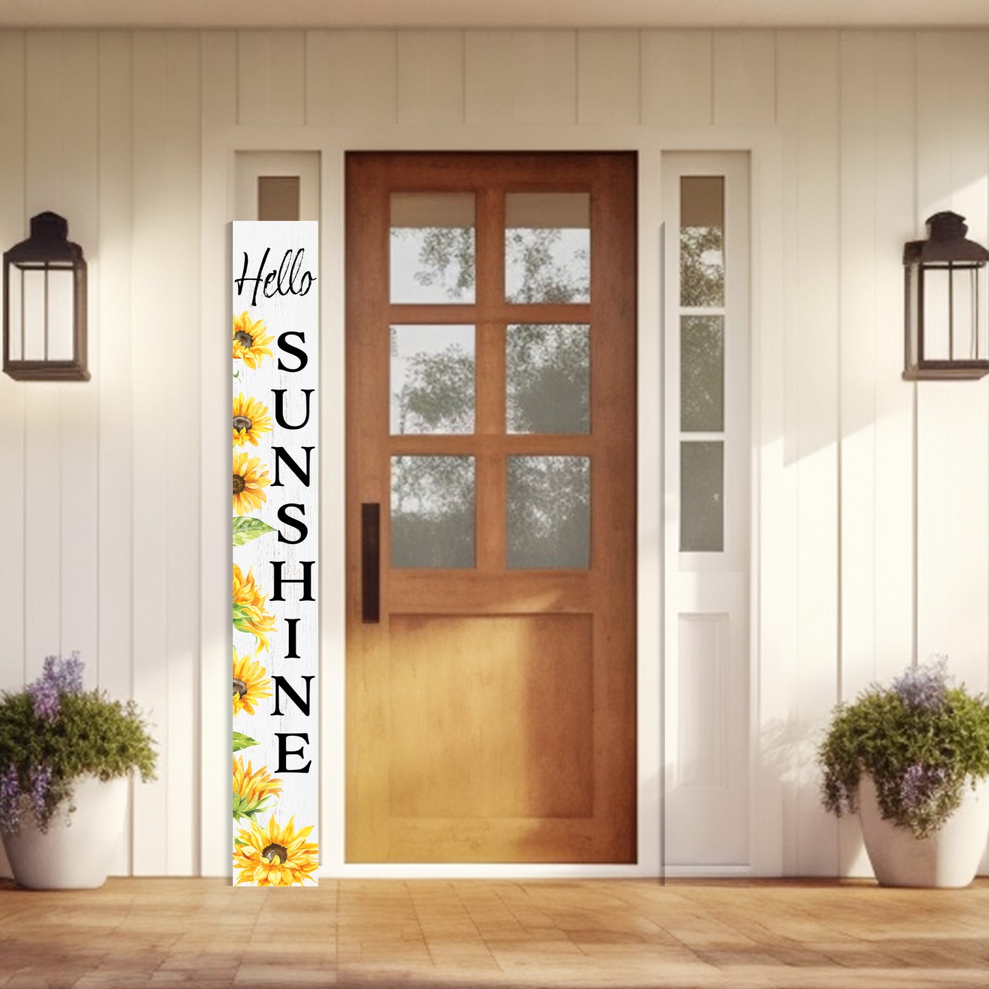72In Sunflower Hello Sunshine Porch Sign, Charming White Welcome Decor For Front Door, Rustic Vertical Garden Art, Seasonal Home Decoration