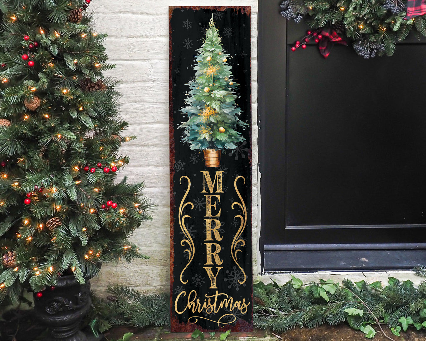 36in Merry Christmas Sign for Front Porch - Vintage Christmas Decoration, Black Rustic Modern Farmhouse Entryway Christmas Porch Sign