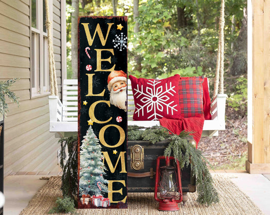 36in Welcome Christmas Porch Sign - Front Porch Santa Christmas Welcome Sign, Rustic Modern Farmhouse Entryway Board