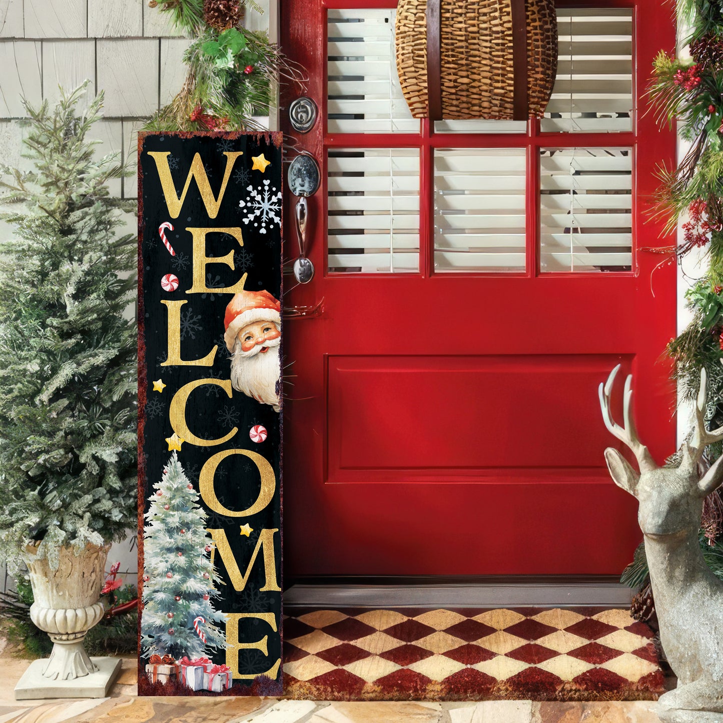 36in Welcome Christmas Porch Sign - Front Porch Santa Christmas Welcome Sign, Rustic Modern Farmhouse Entryway Board