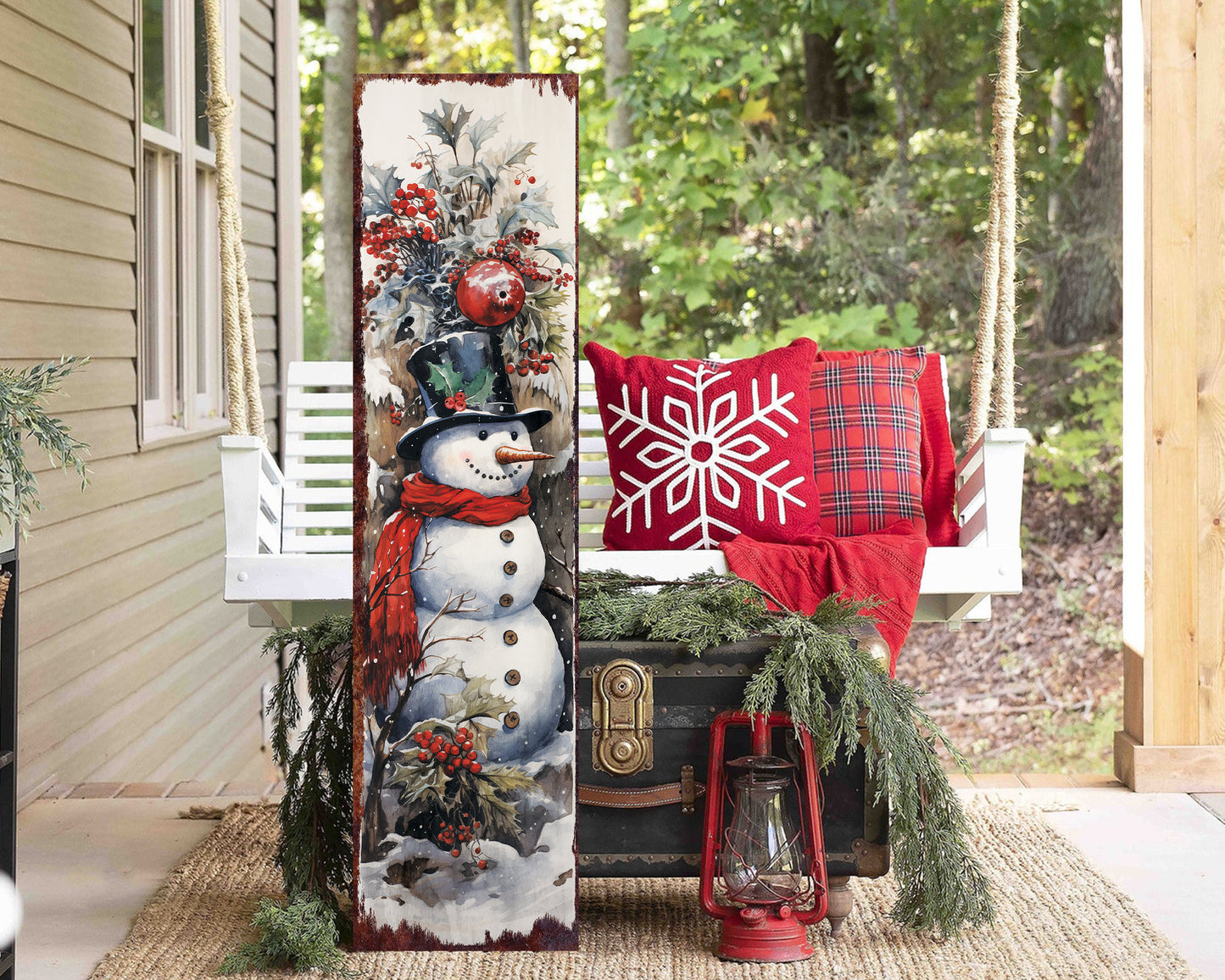 36in Vintage Christmas Snowman Porch Sign - Front Porch Christmas Welcome Sign,Vintage Christmas Decor, Modern Farmhouse Entryway Board for Outdoor