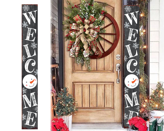 72in Snowman Welcome Sign for Front Door - Gray Vertical Wooden Christmas Porch Decor, Modern Farmhouse Welcome Sign for Front Porch