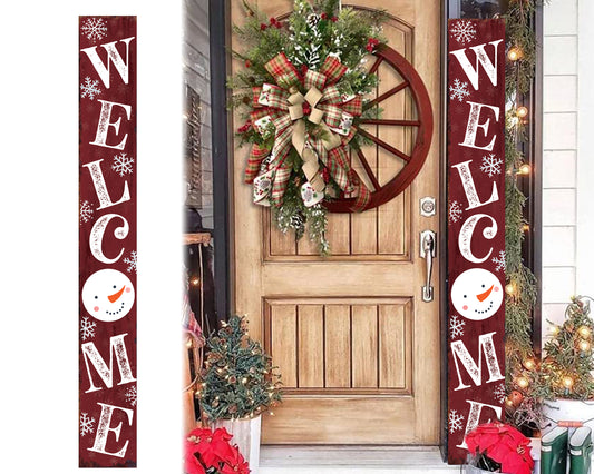 72in Snowman Welcome Sign for Front Door - Red Vertical Wooden Christmas Porch Decor, Modern Farmhouse Welcome Sign for Front Porch