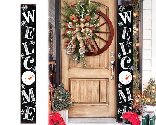 72in Snowman Welcome Sign for Front Door - Black Vertical Wooden Christmas Porch Decor, Modern Farmhouse Welcome Sign for Front Porch