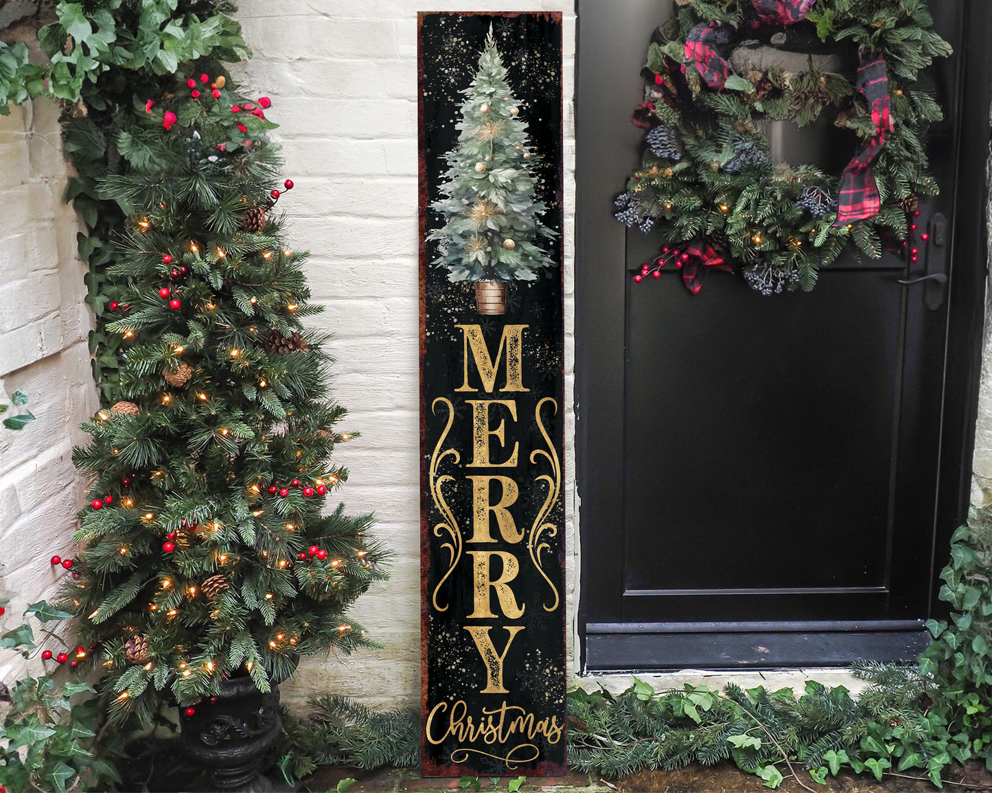 48in Merry Christmas Sign for Front Porch - Vintage Christmas Decoration, Black Rustic Modern Farmhouse Entryway Christmas Porch Sign