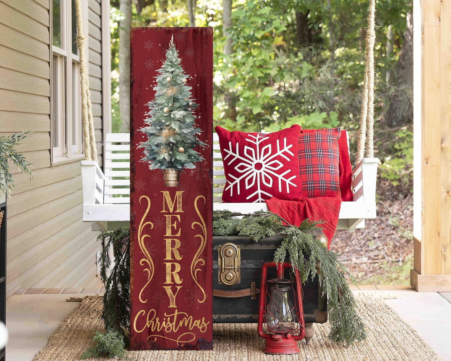 36in Merry Christmas Sign for Front Porch - Vintage Christmas Decoration, Red Rustic Modern Farmhouse Entryway Christmas Porch Sign