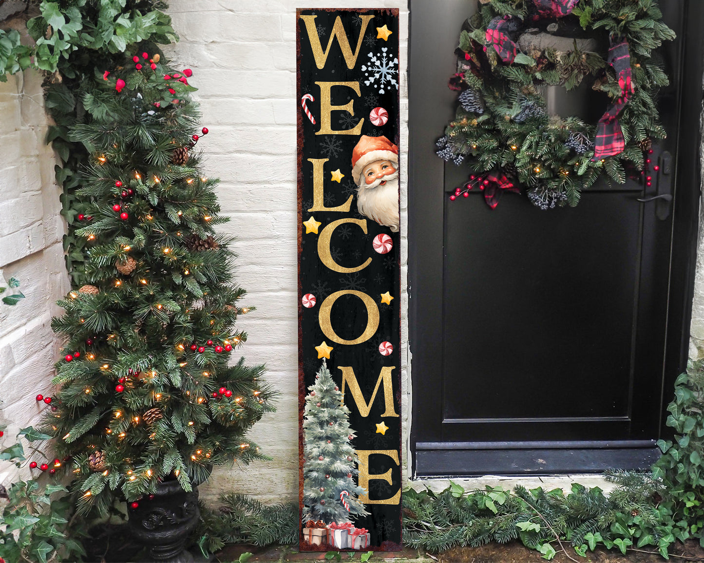 48in Welcome Christmas Porch Sign - Front Porch Santa Christmas Welcome Sign, Rustic Modern Farmhouse Entryway Board