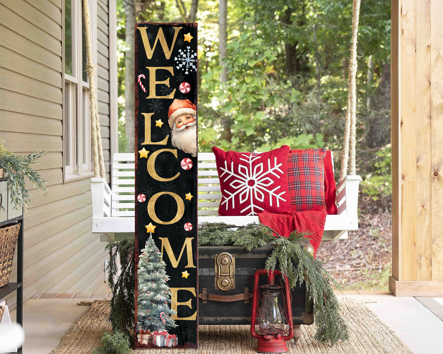 48in Welcome Christmas Porch Sign - Front Porch Santa Christmas Welcome Sign, Rustic Modern Farmhouse Entryway Board