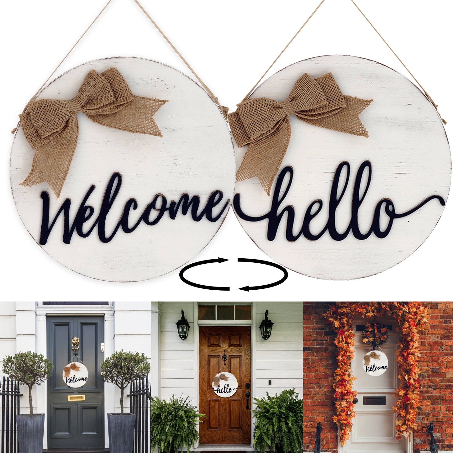 12in Reversible White Welcome Hanging Sign for Front Door Decor - Rustic Door Hangers