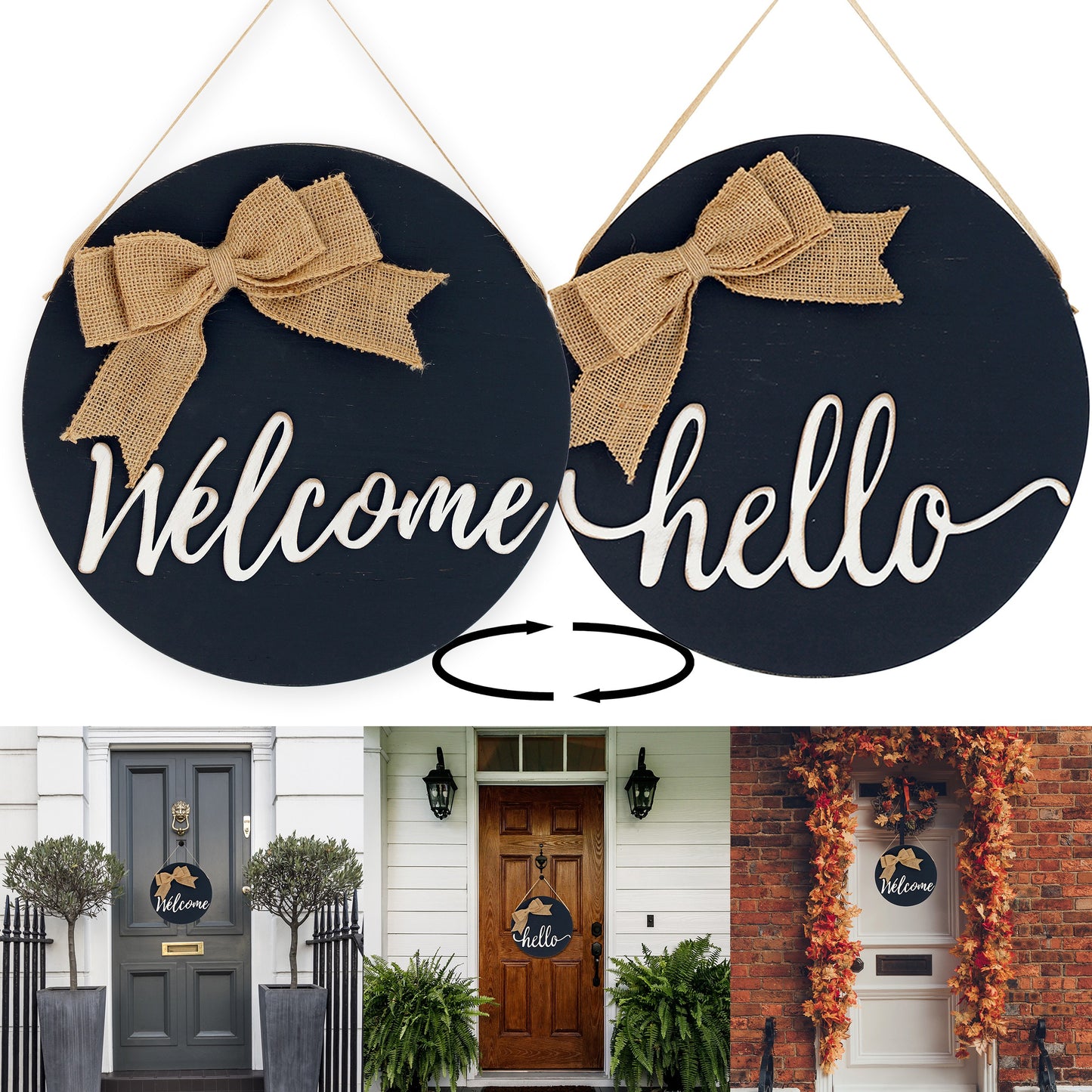 12in Reversible Black Welcome Hanging Sign for Front Door Decor - Rustic Door Hangers