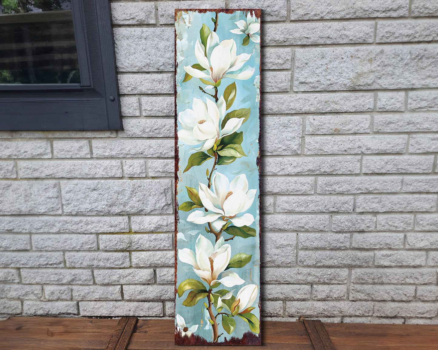 36in Spring Magnolia Porch Sign | Playful Watercolor White Magnolia | Light Blue Background | Entryway, Front Door, Porch Decor