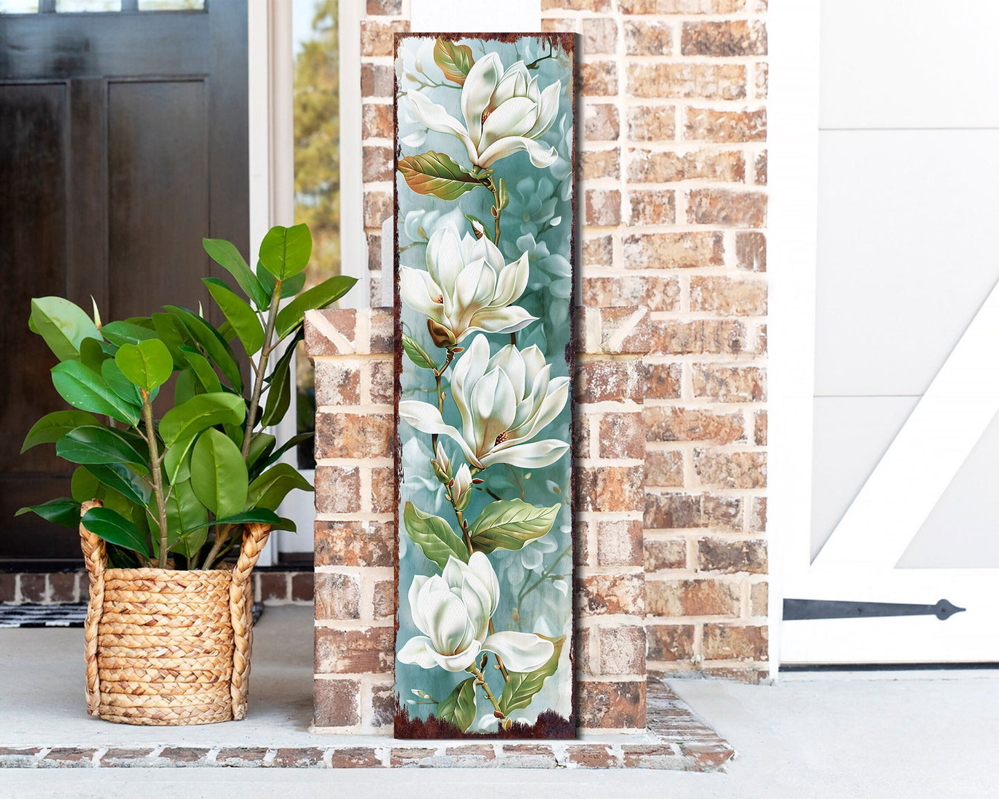 36in Spring Magnolia Porch Sign  Playful Watercolor White Magnolia  Light Blue Background for Entryway, Front Door, Porch Home Decor