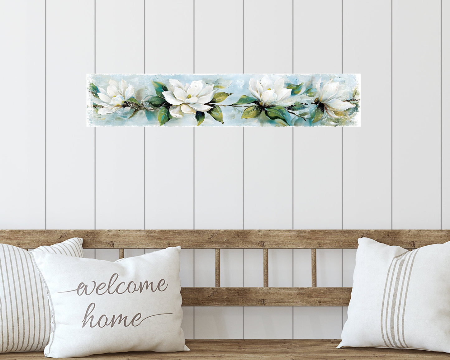 36in Spring Magnolia Wall Sign | Oil Paint Style White Magnolia | Light Blue Background | Perfect for Entryway, Front Door, Porch Home Decoration