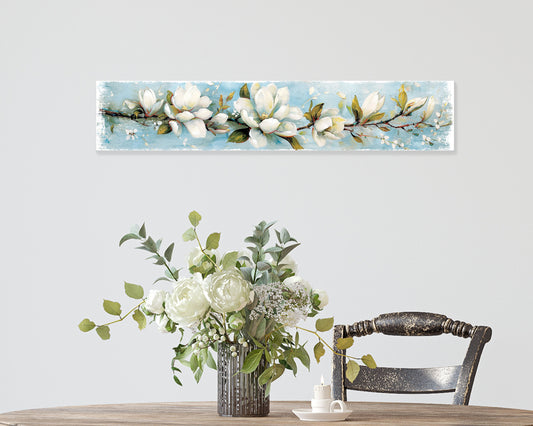 36in Spring Magnolia Wall Sign - Oil Paint Style White Magnolia on Light Blue Background, Perfect for Entryway, Front Door, Porch Home Decor