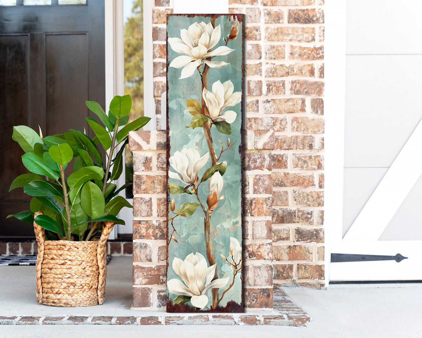 36in Spring Magnolia Porch Sign | Playful Watercolor White Magnolia | Light Blue Background | Entryway, Front Door, Porch Home Decor Sign
