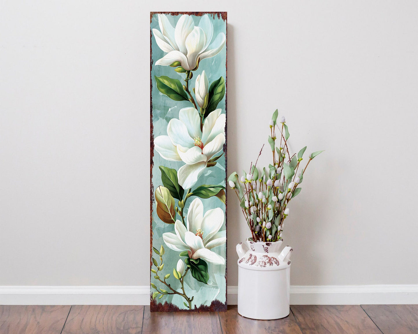 36in Spring Magnolia Porch Sign | Playful Watercolor White Magnolia | Light Blue Background | Entryway, Front Door, Porch Home Decor