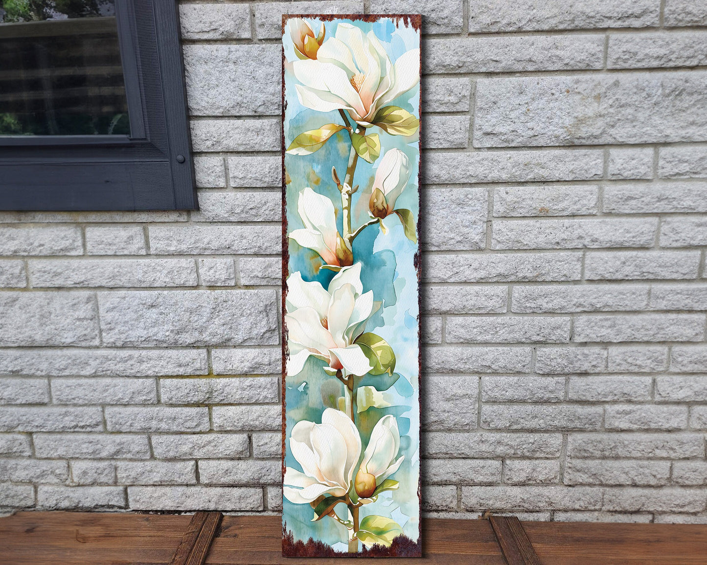 36in Spring Magnolia Porch Sign - Playful Watercolor White Magnolia on Light Blue Background for Entryway, Front Door, Porch Home Decor