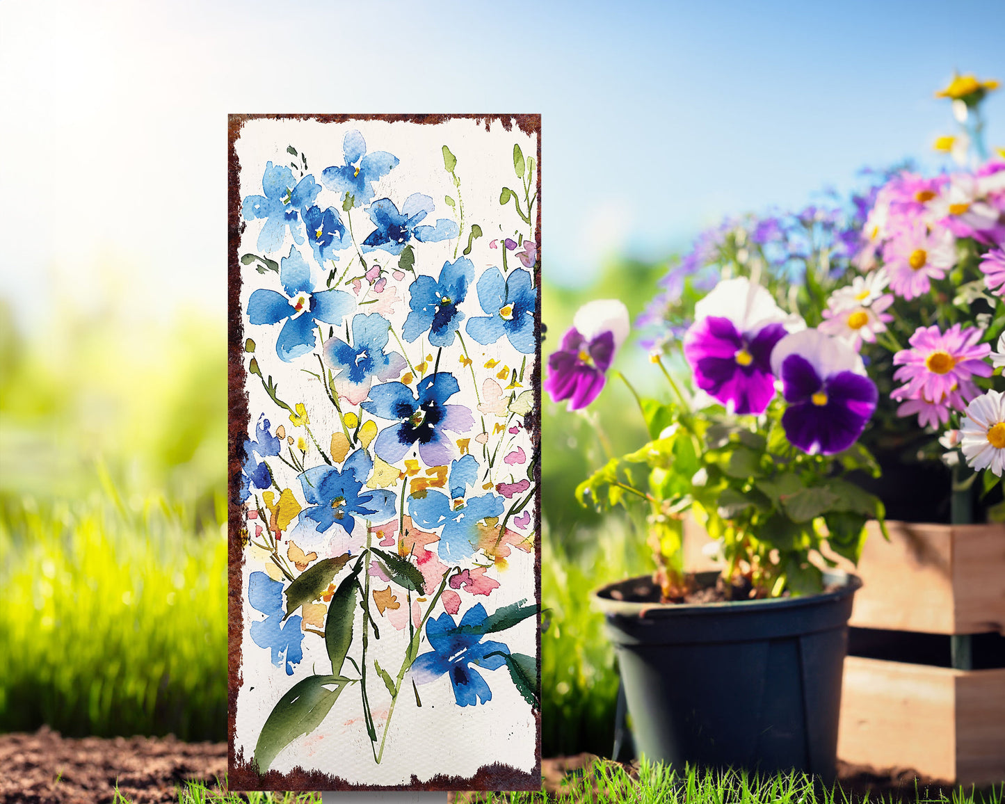 26in Spring Garden Stake | Forget Me Nots Watercolor Floral Decor | Ideal for Outdoor Decor, Yard Art, and Garden Decorations