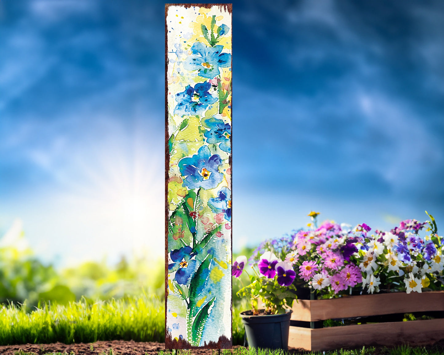 42in Spring Garden Stake | Forget Me Nots Watercolor Floral Decor | Ideal for Outdoor Decor, Yard Art, and Garden Decorations