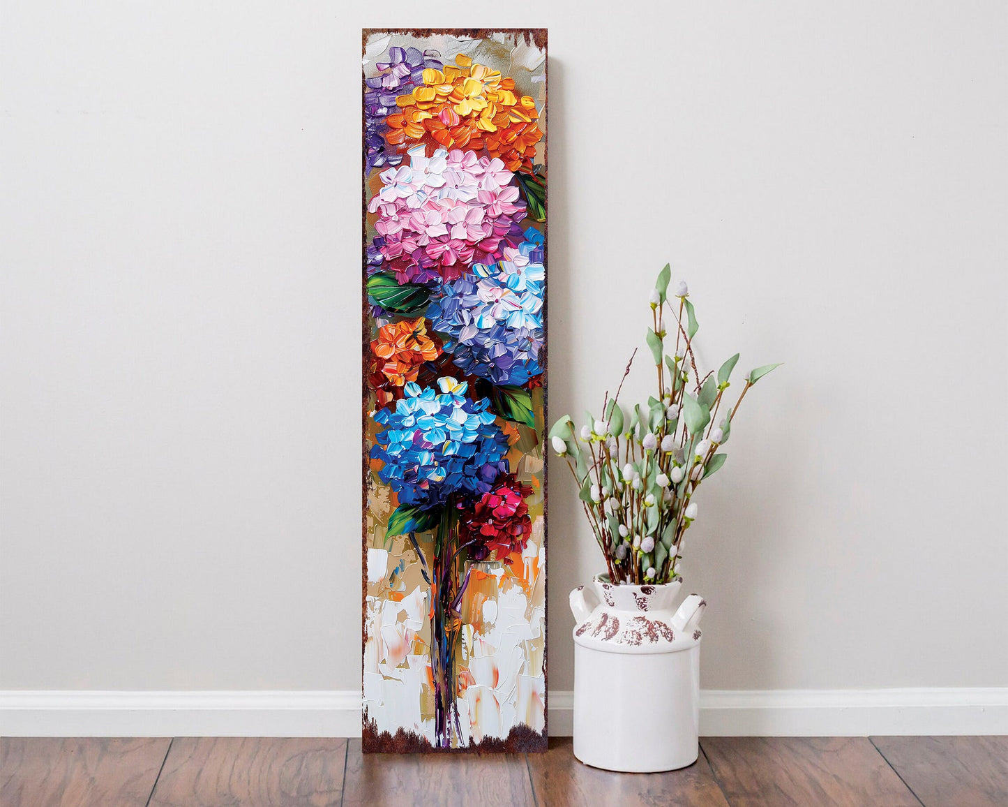 36in  Hydrangeas Porch Sign | Oil Paint Style Spring Floral Home Decor | Perfect for Living Room, Entryway, Mantle, Porch| UV Print