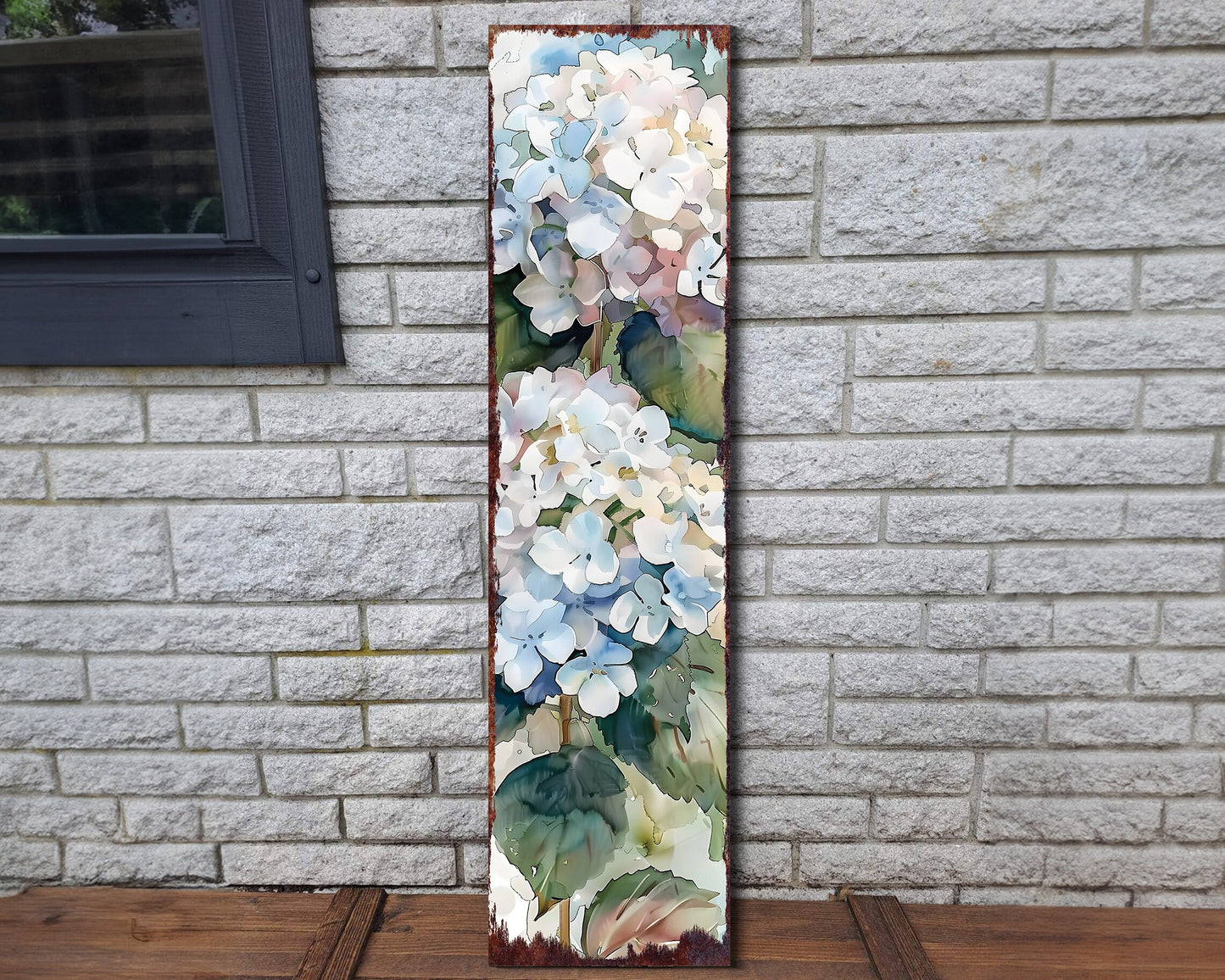36in White Hydrangeas Spring Porch Sign | UV Print | Watercolor Style Floral Home Decor | Ideal for Living Room, Entryway, Mantle, Porch