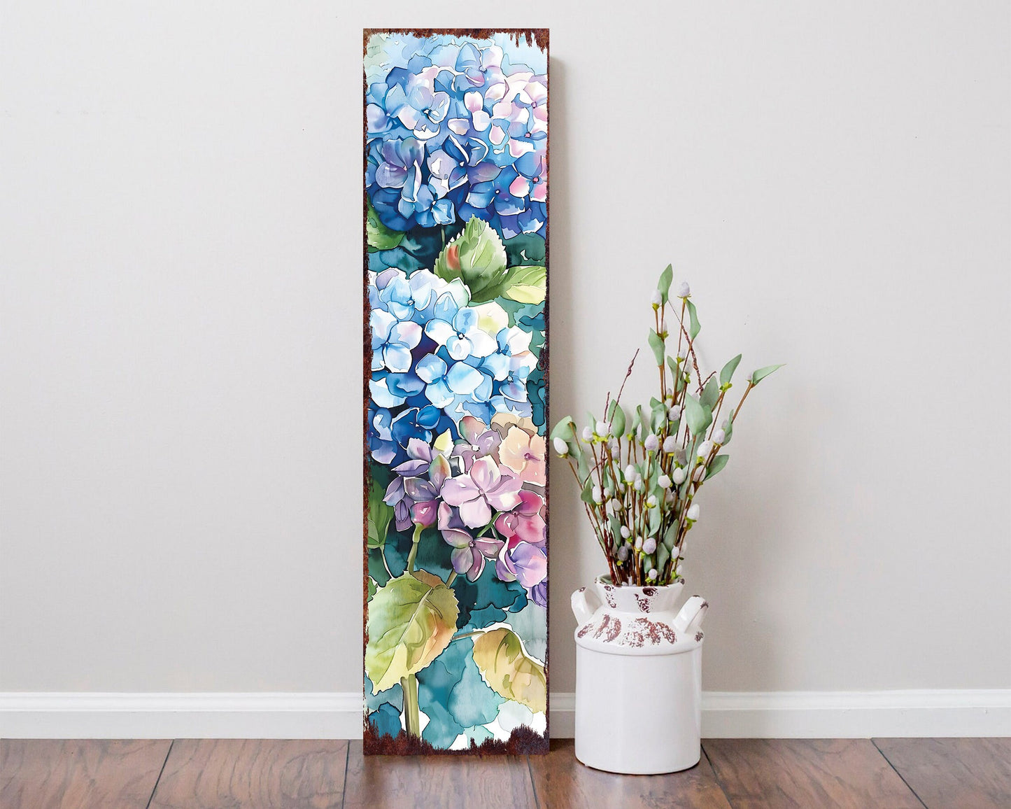 36in Blue Hydrangeas Spring Porch Sign | UV Print | Watercolor Style Floral Home Decor | Ideal for Living Room, Entryway, Mantle, Porch
