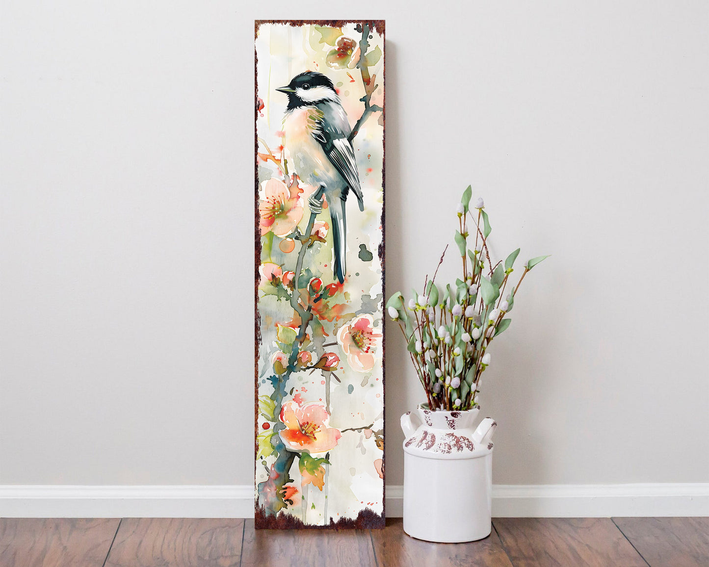 36-Inch Spring Watercolor Chickadee Porch Sign | Front Door Colorful Spring Decor Sign | Perfect For Farmhouse Outdoor Entryway Decor
