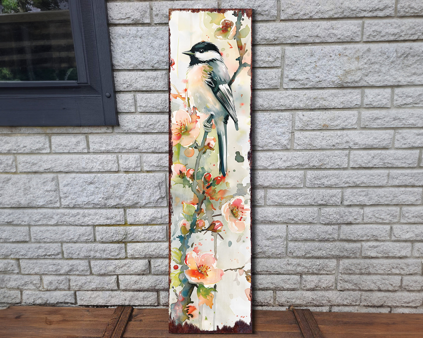 36-Inch Spring Watercolor Chickadee Porch Sign | Front Door Colorful Spring Decor Sign | Perfect For Farmhouse Outdoor Entryway Decor