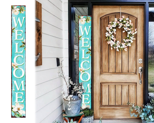 72in Summer Magnolia Welcome Porch Sign | Rustic Wooden Decor | Outdoor Wall Art | Vibrant Floral Farmhouse Patio Decor
