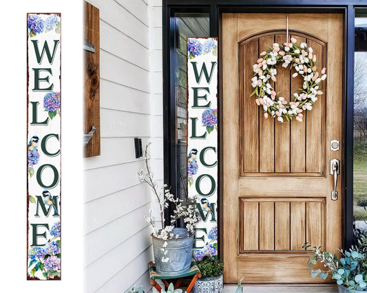 72in Spring Hydrangea Welcome Porch Sign | Rustic Wooden Decor | Outdoor Wall Art | Vibrant Floral Farmhouse Patio Decor