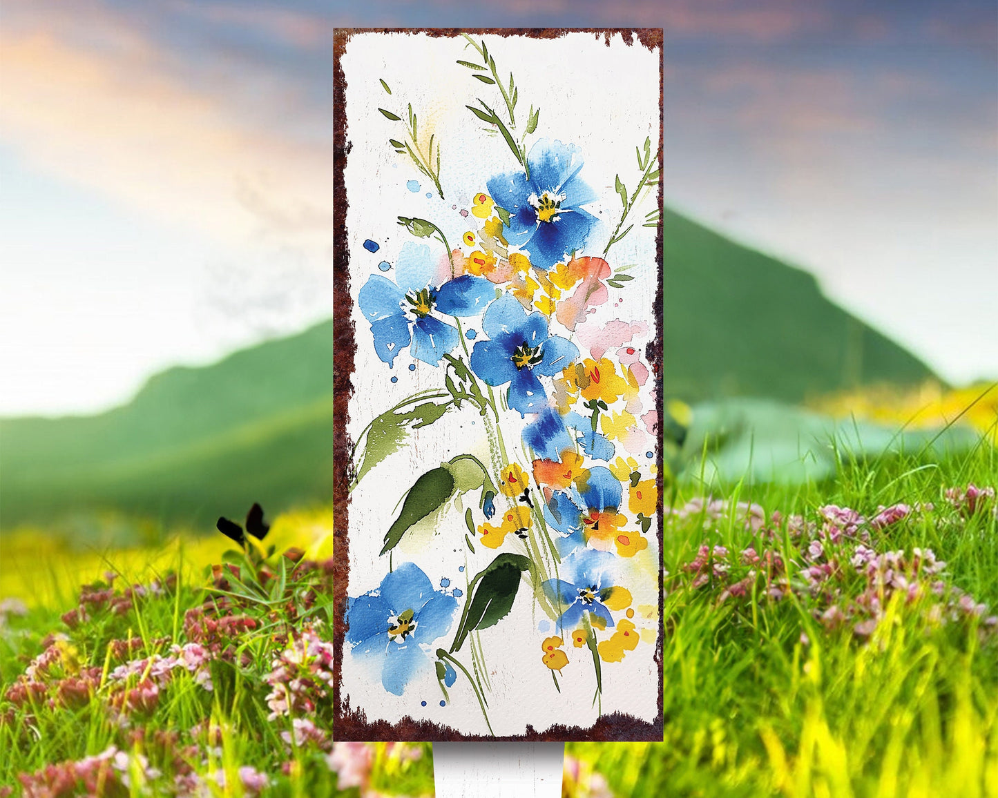 26in Spring Garden Stake | Watercolor Forget Me Nots Floral Decor | Ideal for Outdoor Decor, Yard Art, and Garden Decorations