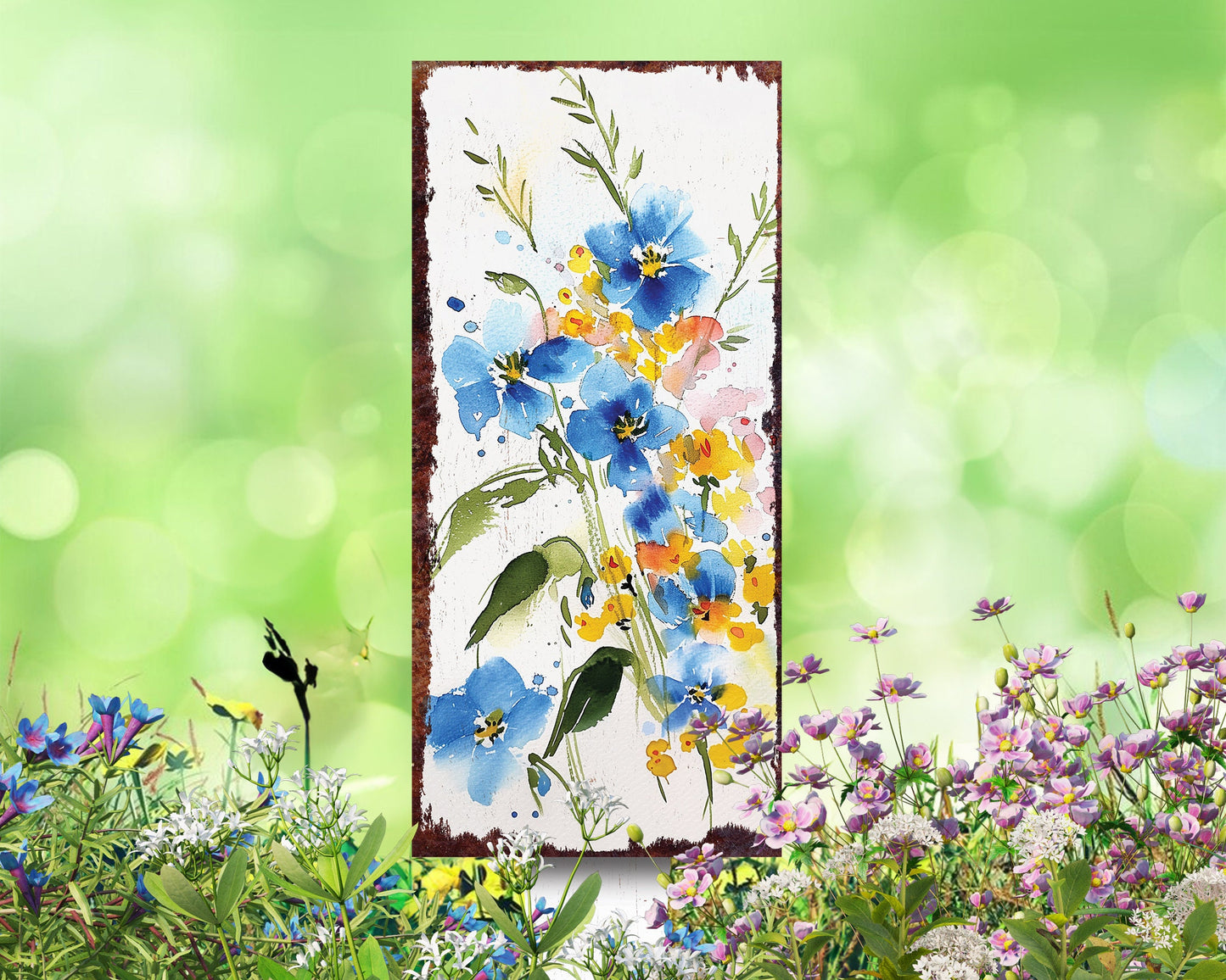 26in Spring Garden Stake | Watercolor Forget Me Nots Floral Decor | Ideal for Outdoor Decor, Yard Art, and Garden Decorations