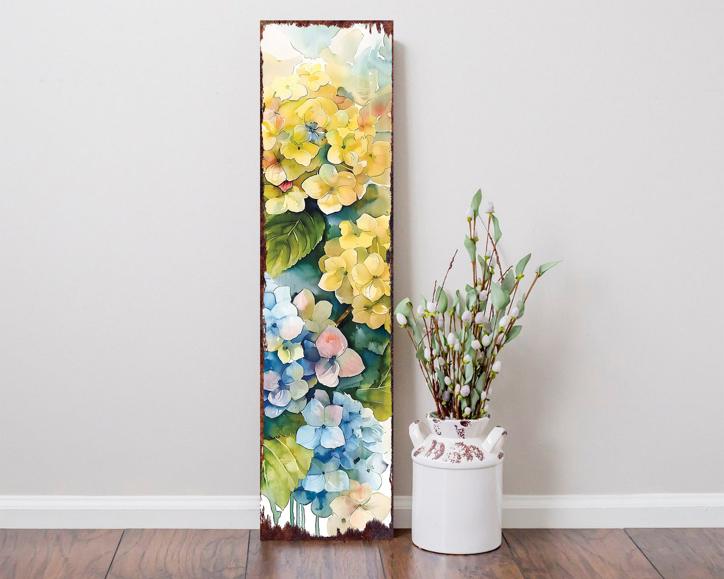 36in Yellow Hydrangeas Spring Porch Sign | UV Print | Watercolor Style Floral Home Decor | Ideal for Living Room, Entryway, Mantle, Porch