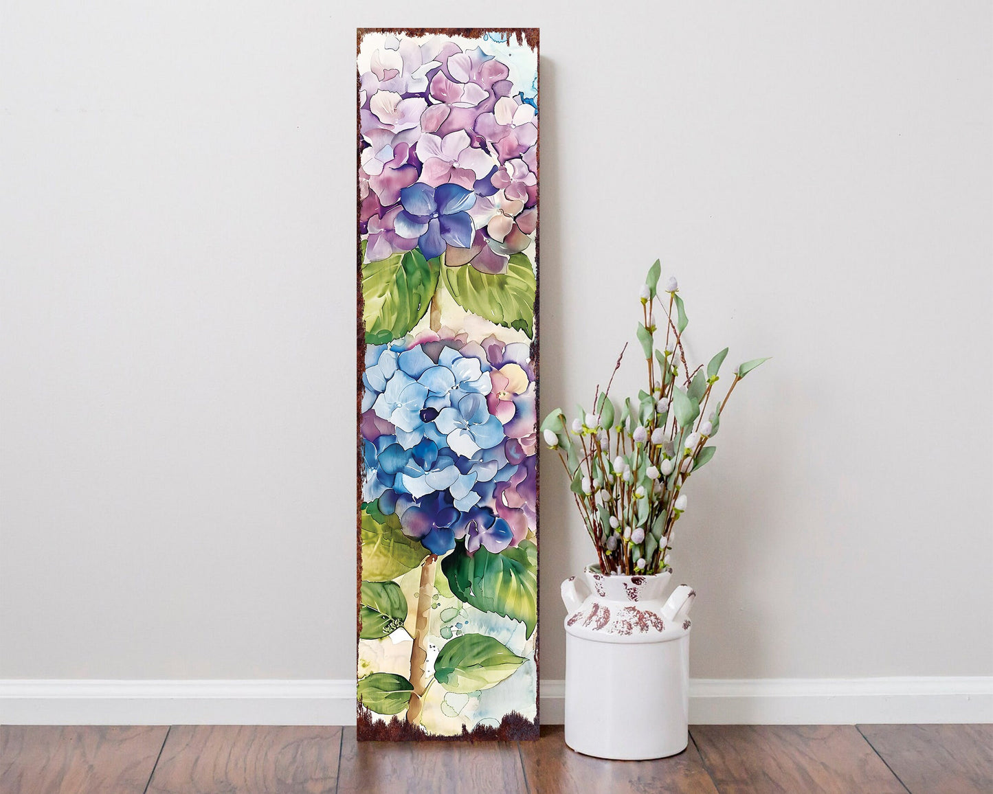 36in Purple Hydrangeas Spring Porch Sign | UV Print | Watercolor Style Floral Home Decor | Ideal for Living Room, Entryway, Mantle, Porch